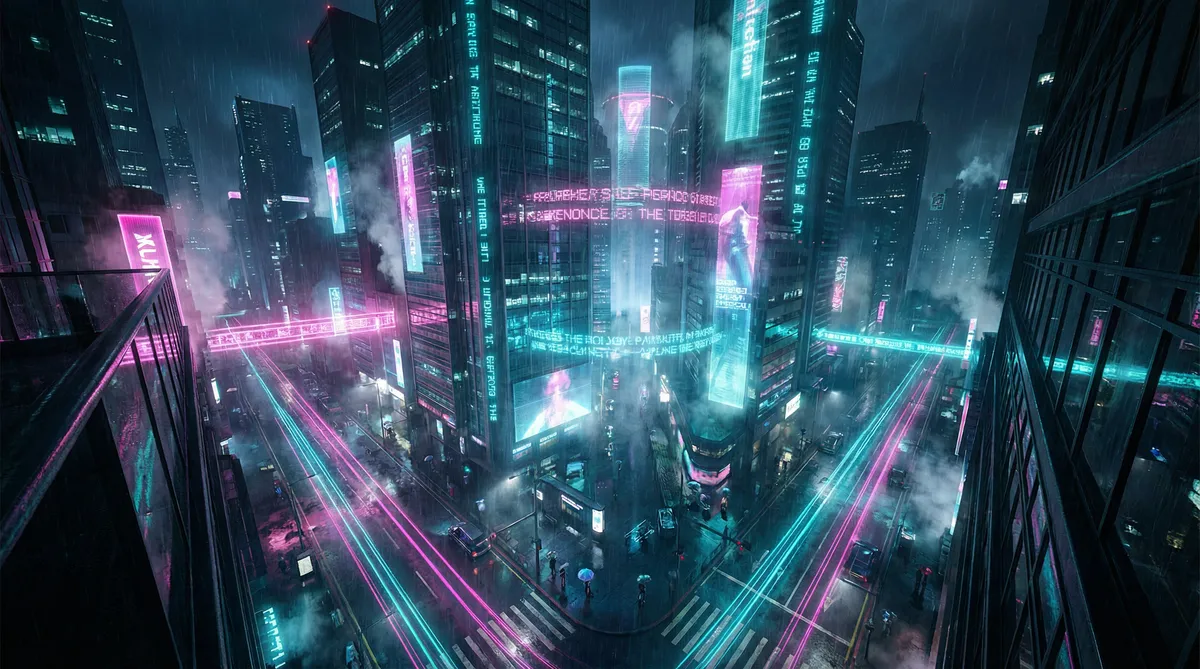 代考 竖屏短剧平台首页背景 - 赛博朋克都市夜景